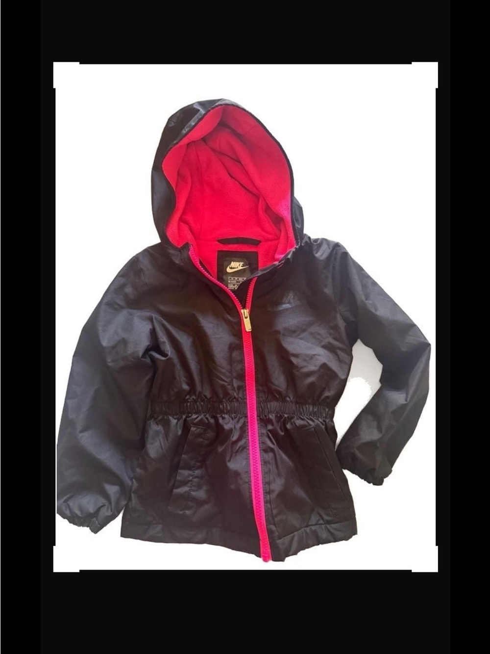 Nike Kids Black Rain Jacket with Bright Pink Lining and Zipper